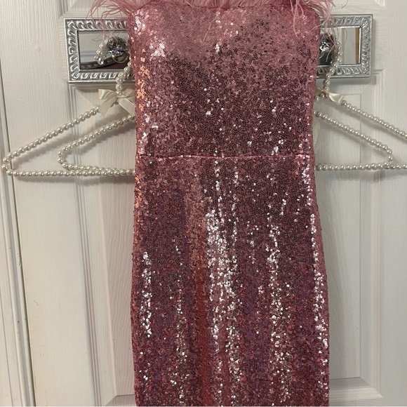Pink Sequin Feather Trim Dress - Picture 3 of 10